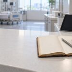 病院のナースステーションに置かれた手帳と腕時計