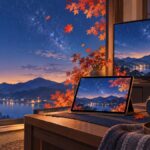 紅葉と星空のアニメ風景がタブレットとテレビに映るイラスト