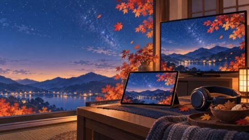 紅葉と星空のアニメ風景がタブレットとテレビに映るイラスト