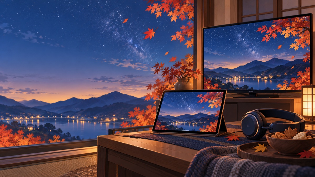 紅葉と星空のアニメ風景がタブレットとテレビに映るイラスト