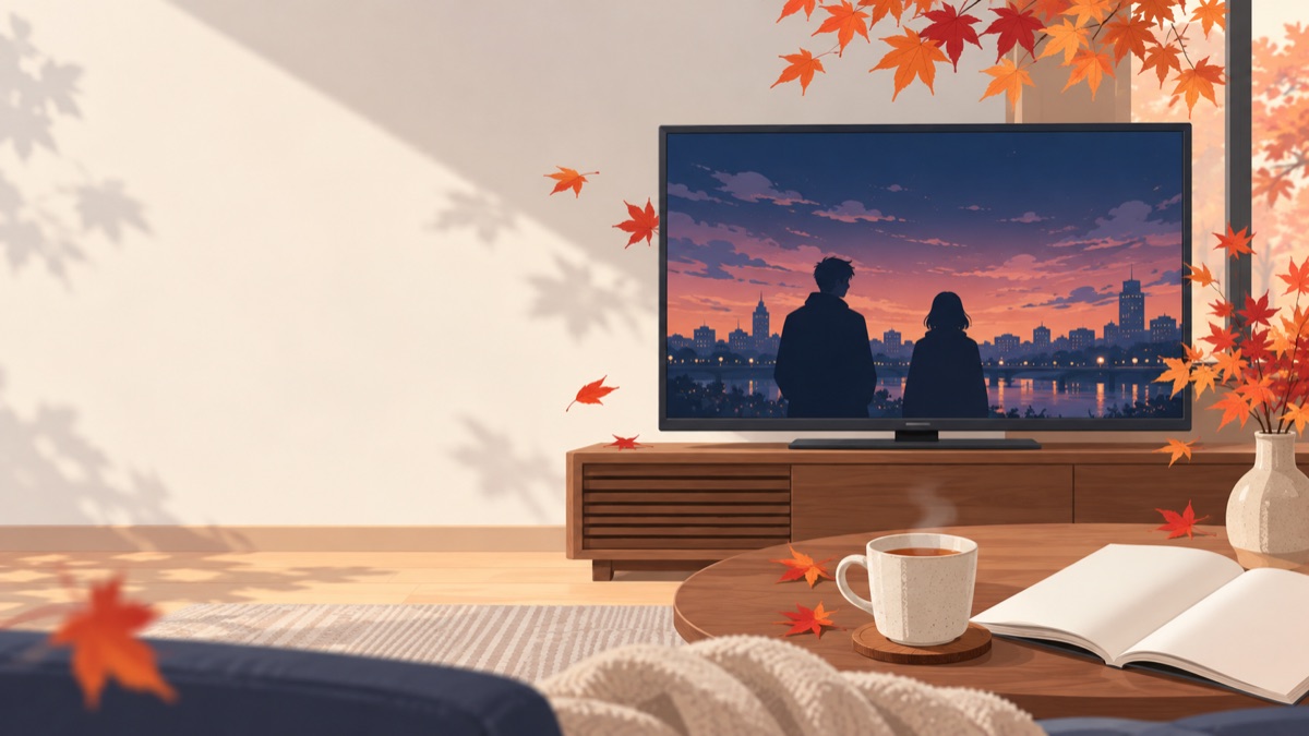 紅葉の舞う部屋でテレビにドラマのワンシーンが映るイラスト