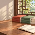 窓辺の机に3色の本の山とお茶、生薬が置かれたイラスト