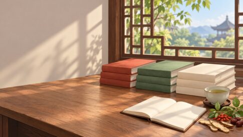 窓辺の机に3色の本の山とお茶、生薬が置かれたイラスト