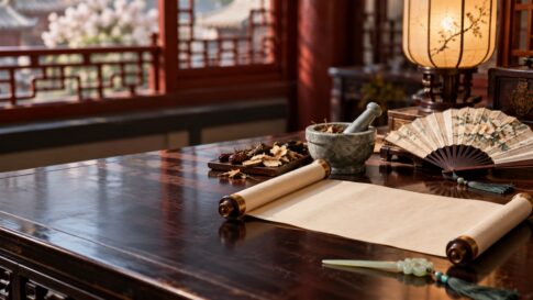 後宮の机に置かれた巻物と薬研のイメージ