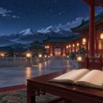 夜の後宮の中庭と、机に置かれた開いた本と薬袋のイラスト