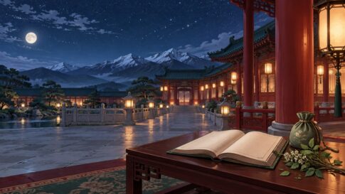 夜の後宮の中庭と、机に置かれた開いた本と薬袋のイラスト