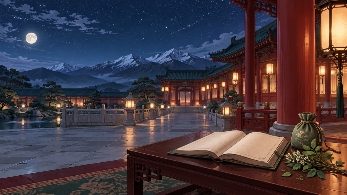 夜の後宮の中庭と、机に置かれた開いた本と薬袋のイラスト