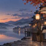 夕暮れの湖畔の市場で古着の店に白い衣が掛かっているイラスト