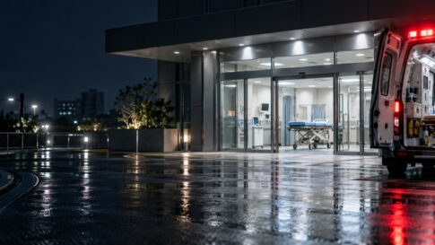 夜の救命救急センターの入口と救急車のイメージ
