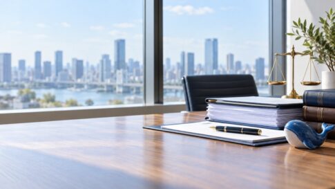 窓から街が見える法律事務所の机に書類と小さなクジラの置物があるイメージ