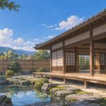 日本家屋の道場と池のある庭のイラスト