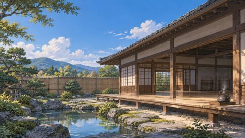 日本家屋の道場と池のある庭のイラスト