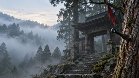 霧の杉林に立つ古い山門と、木の幹に刺さった苦無