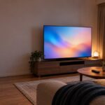 夕暮れのリビングに置かれた大型テレビとベランダのアンテナ