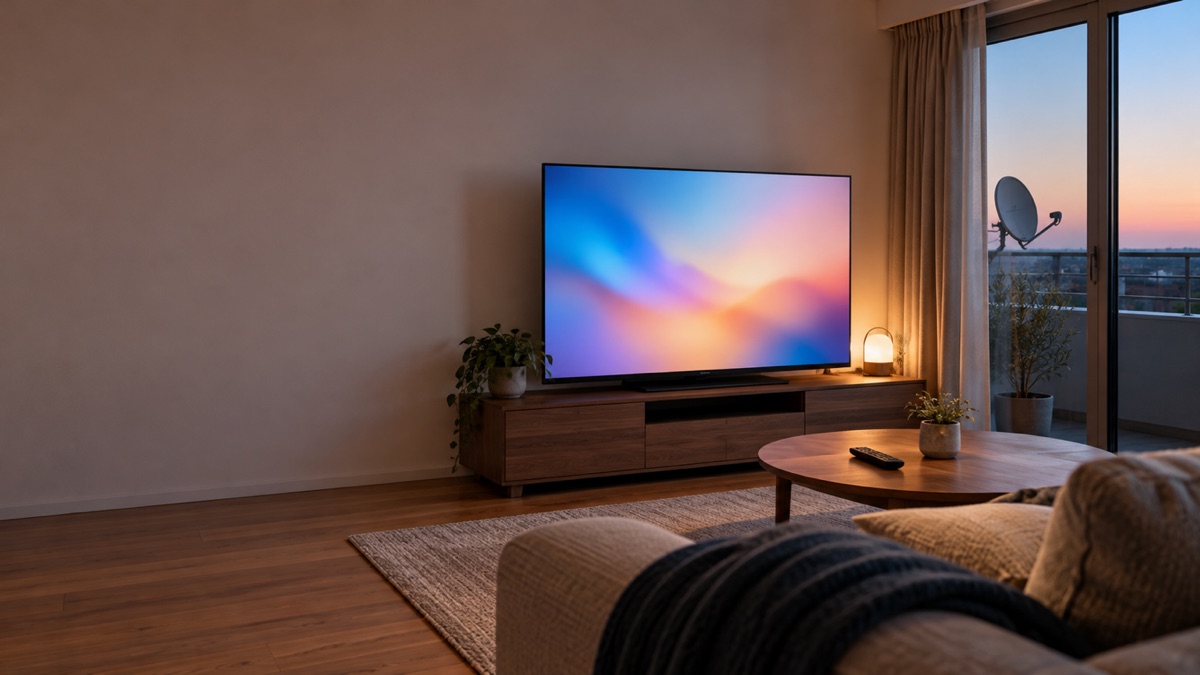 夕暮れのリビングに置かれた大型テレビとベランダのアンテナ