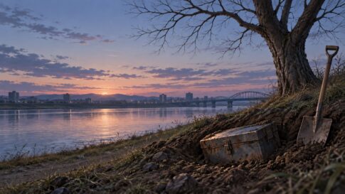 夕暮れの河川敷で掘り出されたタイムカプセル