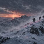 吹雪の雪山の尾根を、ロープでつながって登っていく人影のイラスト