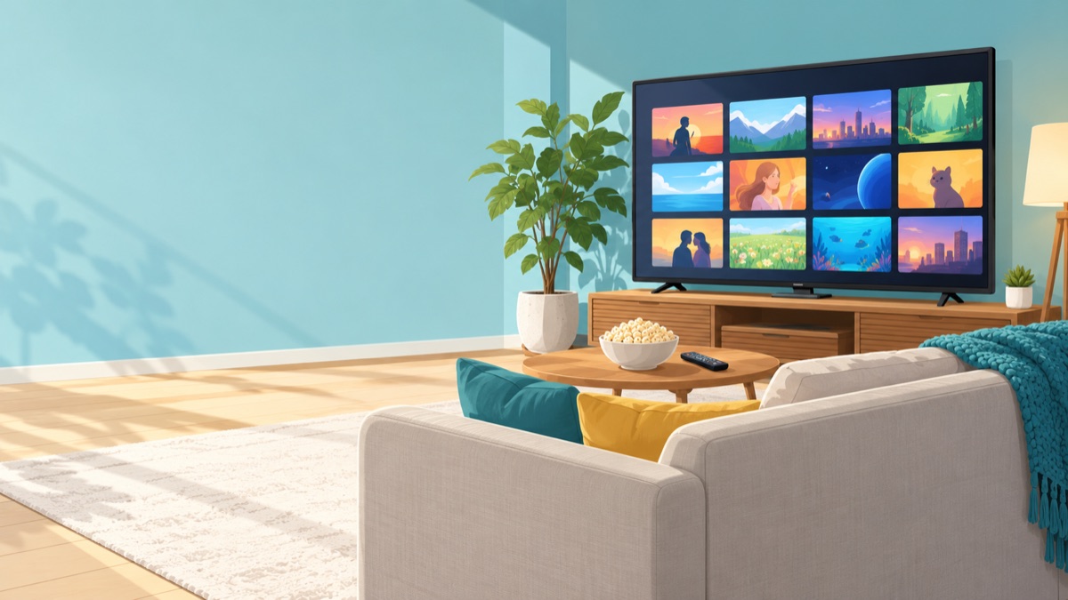 リビングのテレビに動画配信サービスの作品一覧が並ぶイラスト
