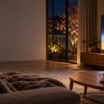 夜のリビングでテレビの光に照らされたソファと紅茶