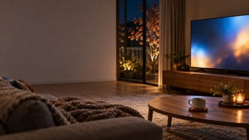 夜のリビングでテレビの光に照らされたソファと紅茶